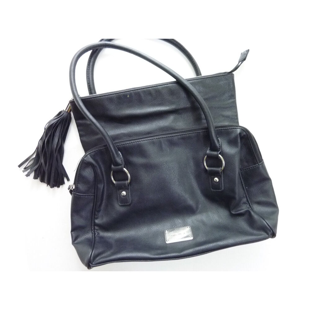 Nine West Black Faux Leather Foldover Bag Tassel Crossbody Messenger Handbag - Picture 2 of 6